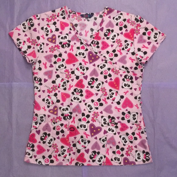 Zikit Pandas Hearts Flowers Ribbons Peace Signs Scrub Top Size X-Small - Picture 1 of 2